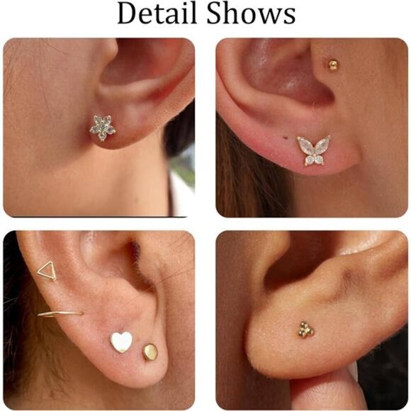 8-Pair Gold Stud Earring Set – Hearts, CZ, Balls Hypoallergenic Cubic Zirconia - Picture 4 of 5